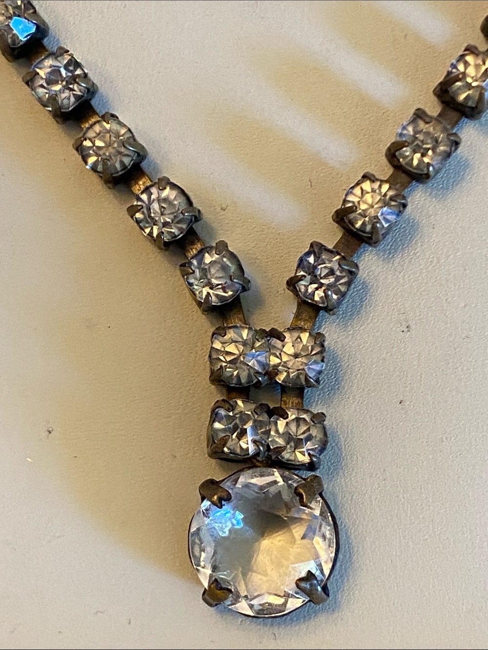 Vintage Clear Rhinestone Y-Drop Necklace Art Deco Style 15”
